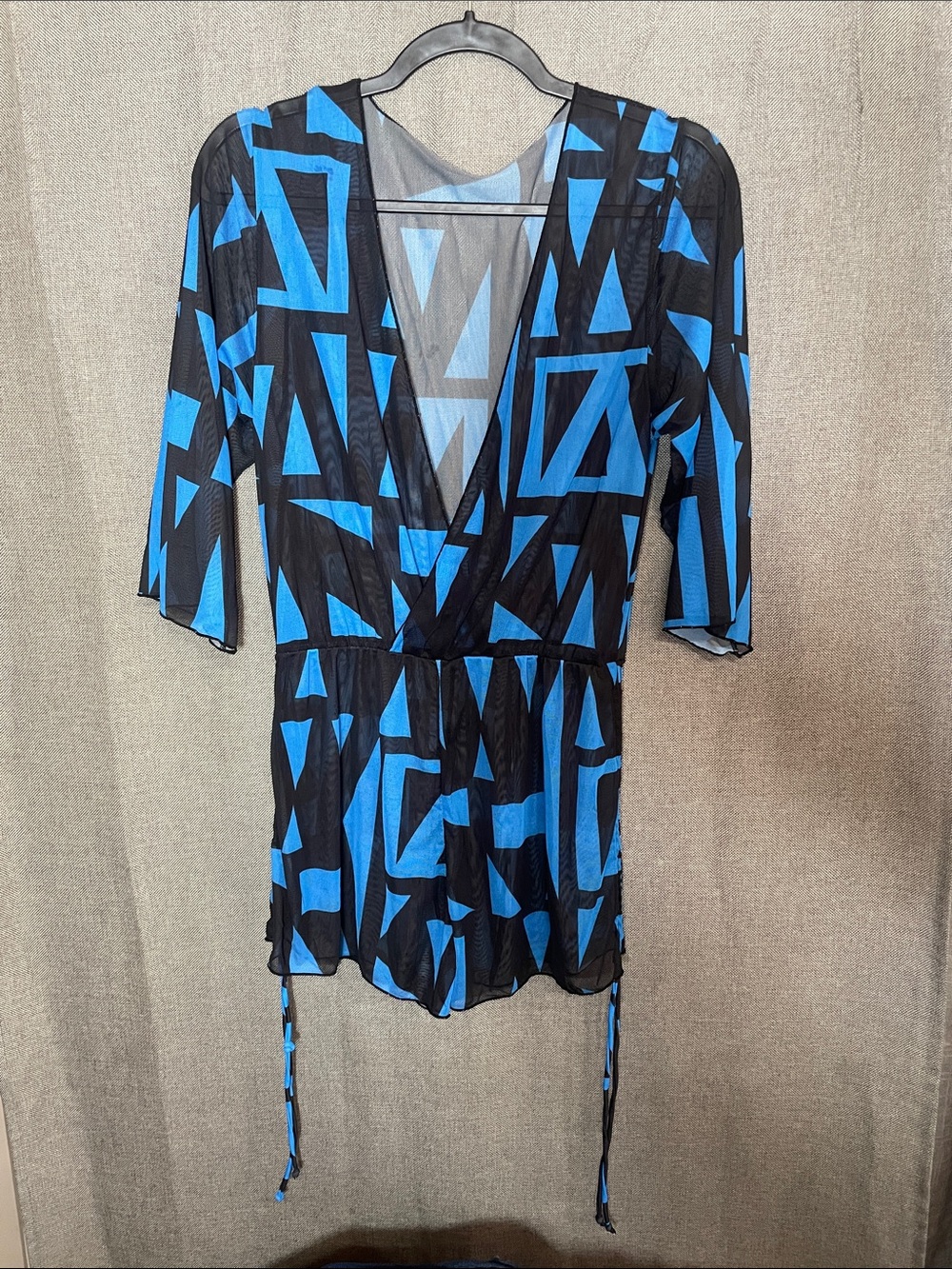 Abstract Geometric Mesh Swim Romper Cover Up Blue Black Deep V Drawstring Festiv